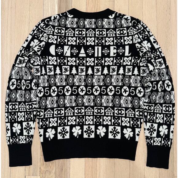 Chanel 19B Coco Neige Ski Black White CC Long Sleeve Cashmere Jumper Sweater 38 - Picture 12 of 16